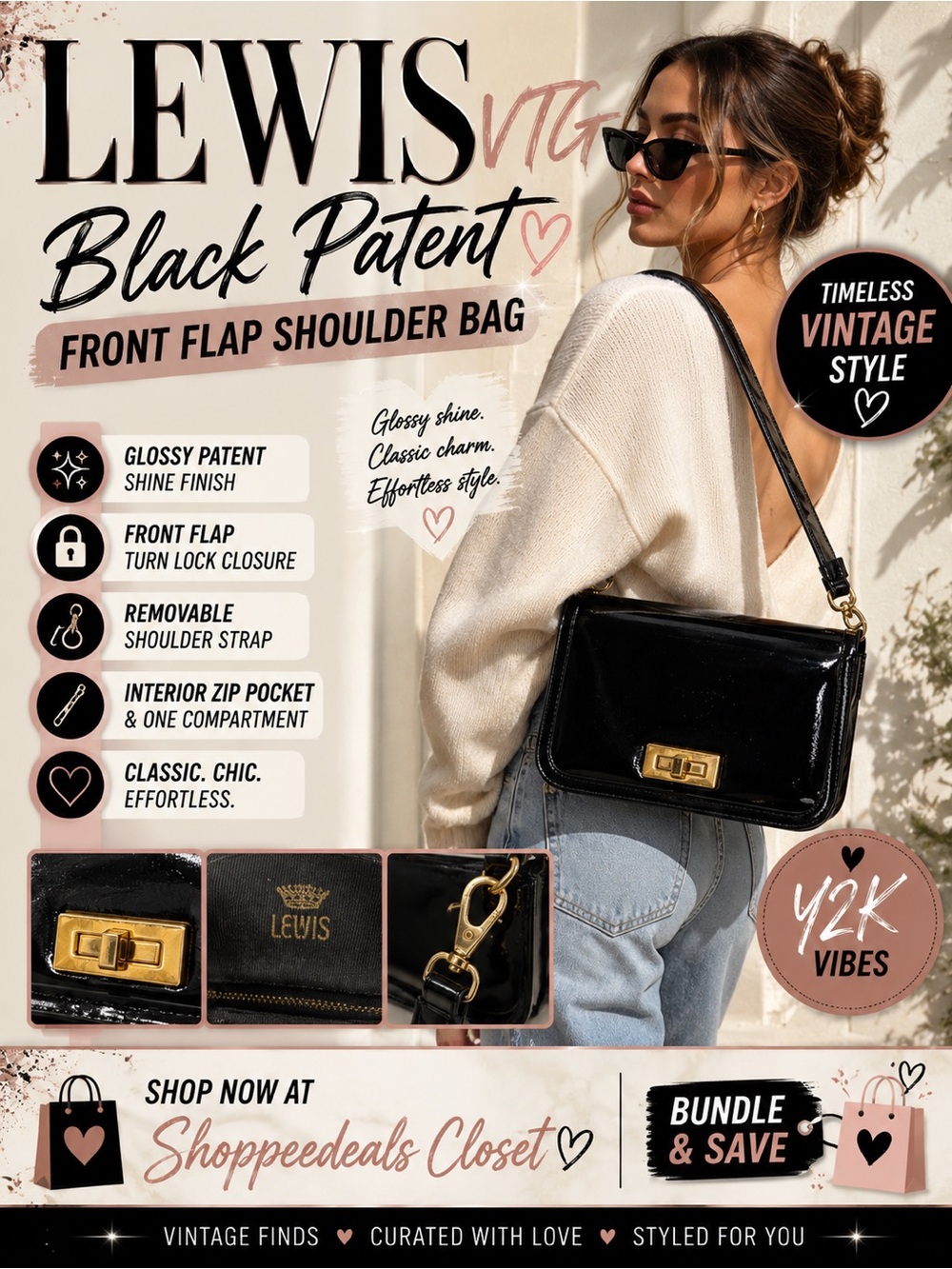 LEWIS VTG Black Patent Front Flap Shoulder Bag